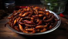 Metal plate with fried worms and caterpillars. Future cuisine featuring nutritious animal protein from insects, on a wooden table, for a bizarre dinner with bugs