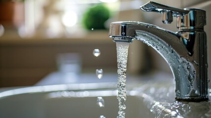 Wall Mural - Water flowing from the faucet in the kitchen, close up