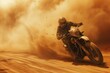 In the desert, the dust is flying as the sickly handsome madman drives his motorcycle.