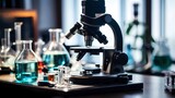 Fototapeta Sport - Modern Medical Research Laboratory with Microscope and Test Tubes with Biochemicals on the Desk, generative ai