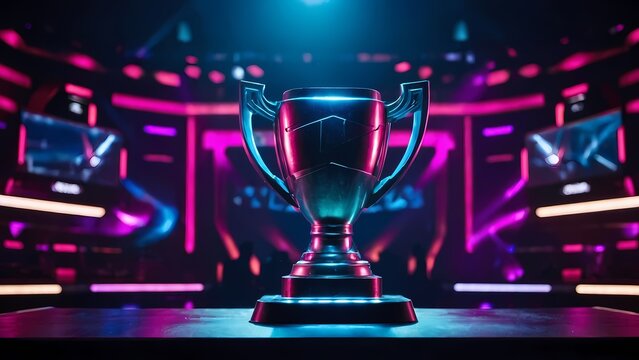 eSports Winner Trophy Standing on a Stage in the Middle of the Computer Video Games Championship Arena, neon colors, generative ai