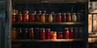 Rustic home canning pantry with variety of preserved food. vintage style, domestic life. shelf with jars of jams and pickles. AI