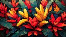 A Painting Of A Bunch Of Red And Yellow Flowers On A Black Background With A Green Leafy Plant In The Foreground.