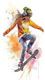 Fototapeta Młodzieżowe - An illustration rendered in watercolor style portrays a carefree woman skateboarding while listening to music with headphones, capturing a sense of freedom and enjoyment.