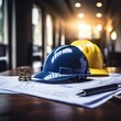 A blue construction helmet with a project or construction plan on the table. Construction plan concept 