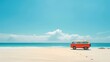 © Almultazam - Red Camper surf van along tropical beach coastline. retro bus, sunny day, summertime, view from far, copy space.