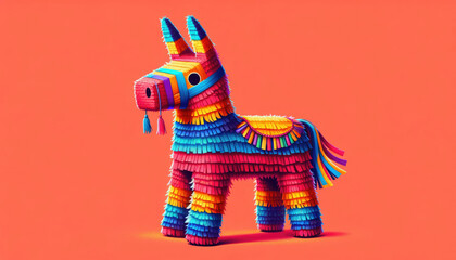 Vibrant crafted pinata in the shape of a donkey on orange background, its multicolored fringes adding a festive and playful vibe to the scene.Cinco de Mayo.Fiesta banner and poster design.