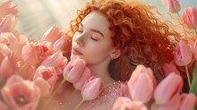 Dreamy Woman With Curly Red Hair Among Pink Tulips. Peaceful, Romantic Scene. Ideal For Spring Themes. Portrait Of Femininity Surrounded By Flowers. AI