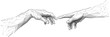 © Mirco Emmy - Abstract polygonal Adam and God hands reaching out for touch. Creation concept. Brutalism polygonal art isolated on white. Minimalistic technology background. Vector illustration. Connected dots.