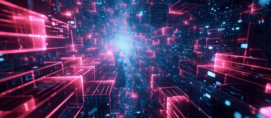 Wall Mural - Future world's high-tech information space in a 3D abstract, with global data collection, processing, and artificial intelligence represented by blocks and stars in cyberspace.