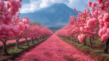 A Field Of Pink Flowers And Trees With A Mountain In The Backgrouf Of The Picture And A Blue Sky In The Background.