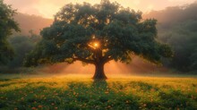 A Large Tree In A Grassy Field With The Sun Shining Through The Leaves And The Sun Shining Through The Branches.