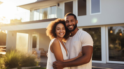 A couple in love hugging in front of their new modern luxury villa house, front view of happy couple, buying a new villa or modern house, real estate concept.