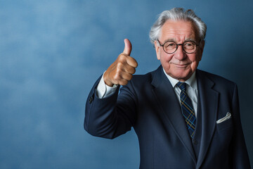 Wall Mural - An old businessman giving advice on a blue background.