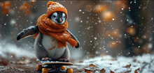 A Penguin Wearing A Scarf And A Scarf On Top Of A Skateboard In The Middle Of A Snowy Forest.