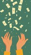 In flat minimalist style, hands reach for falling money, portraying a simple yet impactful visual representation of financial abundance and aspiration.