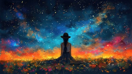 a painting of a woman sitting on a tree in a field with a sky full of stars in the background.