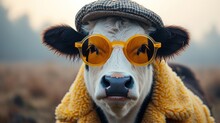 A Close Up Of A Cow Wearing A Hat And Goggles With A Yellow Scarf Around It's Neck.
