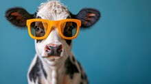 A Close Up Of A Cow Wearing A Pair Of Yellow Glasses With A Cow's Head In The Background.
