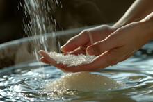 Close-up Of A Woman's Hands Pouring Bath Crystals Into A Tub Of Water, With Gentle Steam Rising And Soft Focus On The Ripples, Highlighting The Sensor