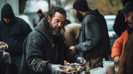 Wall Mural - Volunteers distribute food to homeless individuals at a community center, illustrating compassionate support and aid for those in need.