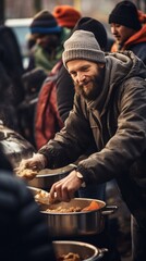 Wall Mural - Volunteers distribute food to homeless individuals at a community center, illustrating compassionate support and aid for those in need.