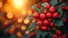 A Close Up Of A Holly Plant With Red Berries And Green Leaves With The Sun Shining In The Back Ground.