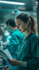 Wall Mural - Hospital colleagues review medical records database, with a staff nurse consulting a ward doctor, exemplifying collaborative healthcare practices.