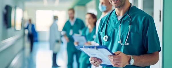 Wall Mural - Hospital colleagues review medical records database, with a staff nurse consulting a ward doctor, exemplifying collaborative healthcare practices.