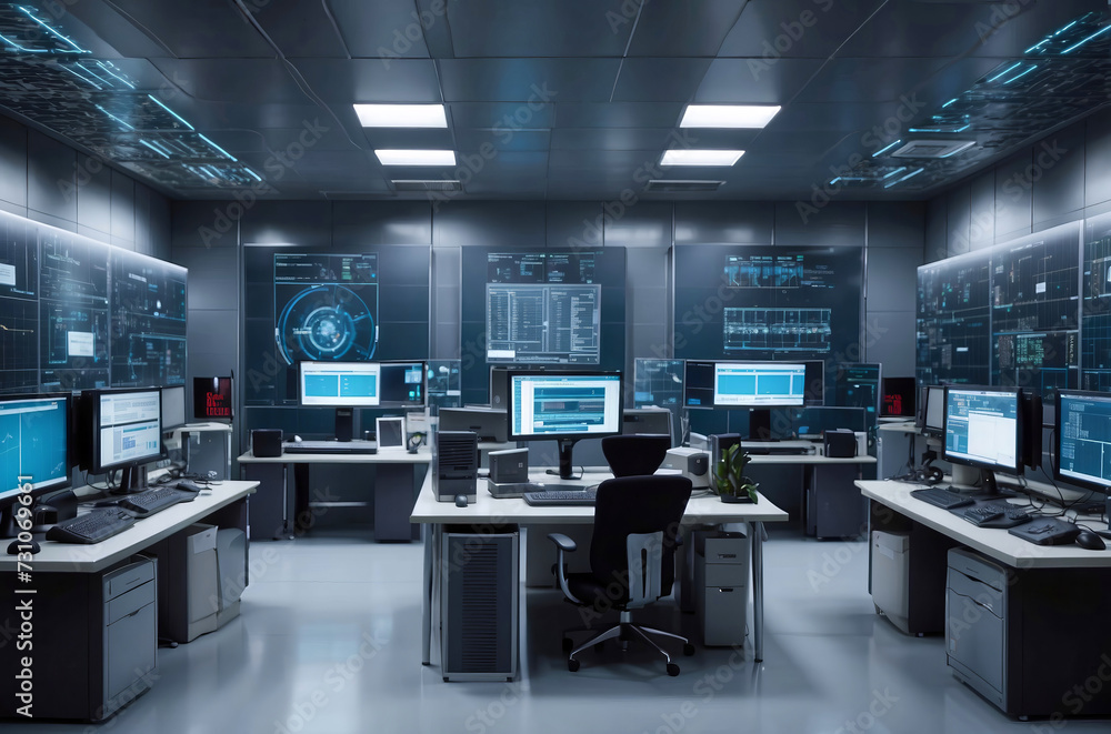 Computer Control Room Backdrop Room with computers and screens, cybersecurity background, control room ...