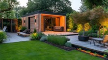 Beautiful Landscape Design For Backyard Garden And Patio Area On Concrete Floor.