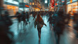 a typical cityscape, blurred, haste and haste, everyday life in the big city, people in a hurry, time pressure and deadlines, modern life in a negative, dark cityscape