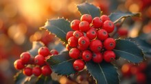 A Close Up Of A Bunch Of Red Berries On A Tree With Green Leaves And Sun Shining In The Background.