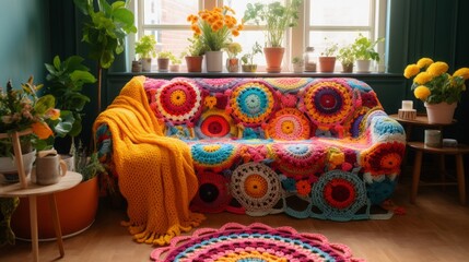 
Scenes of a crochet circle creating a vibrant and cozy blanket in a boho-styled living room.