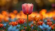 a close up of a pink tulip in a field of blue, orange, and pink tulips.