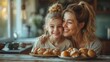 Mother and daughter have breakfast at the kitchen table. Mom kisses her cheeks as they eat
