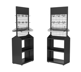 Wall Mural - Black vertical double-sided display cases with shelves and euro hooks. 3d illustration set