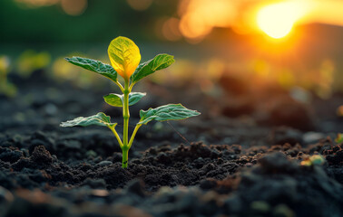 Young plant growing in the soil and blurred green bokeh of the sunset