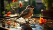 a small bird standing on the edge of a pool of water next to a flower and a potted plant.