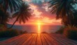 Vibrant hues of the setting sun reflect off the serene ocean, framed by a majestic palm tree and scattered clouds, evoking a sense of tropical bliss and tranquility in this picturesque landscape