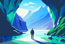 Man Standing Under An Opening In Ice Cave While Walking Under A Glacier