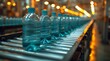 A sparkling line of water bottles glide down a glowing conveyor belt, ready to quench thirst and illuminate the darkness of the night