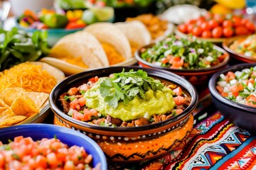 Wall Mural - Vibrant Mexican feast with traditional tacos, guacamole, and fresh salsa on a festive tablecloth.
