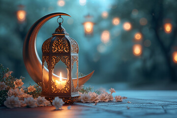 Modern Islamic holiday banner suitable for Ramadan, Raya Hari, Eid al-Adha and Mawlid. A lit lantern on an evening background. Product podium.