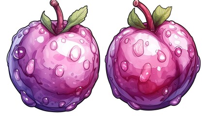 two purple fruits with green leaves and drops of water on them, one is pink and the other is purple.