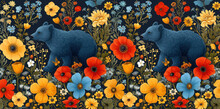 A Painting Of A Blue Bear Surrounded By Wildflowers And Daisies In A Field Of Yellow, Red, Blue, And Orange Flowers.