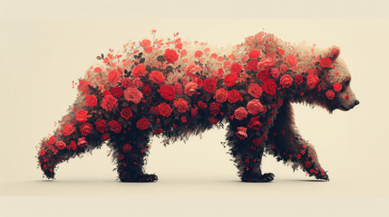 a bear made out of flowers on a white background in the shape of a bear with red flowers on it's body.