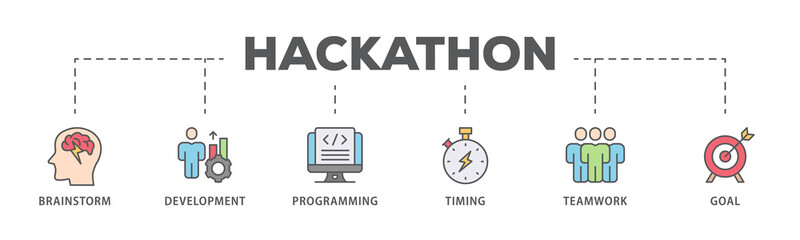 Hackathon banner web icon illustration concept for design sprint-like social coding event with icon of brainstorm, development, programming, timing, speed, teamwork, and goal