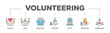 Volunteering banner web icon illustration concept for volunteer aid assistant with icon of charity, help, together, support, unity, donation, and community