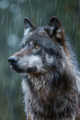 Canvas Print - Dark grey wolf in its natural habitat with a close-up portrait shoot. Generative AI